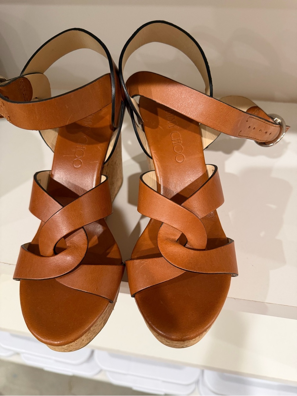 Jimmy Choo Tan Leather Cork Wedge Sandals
